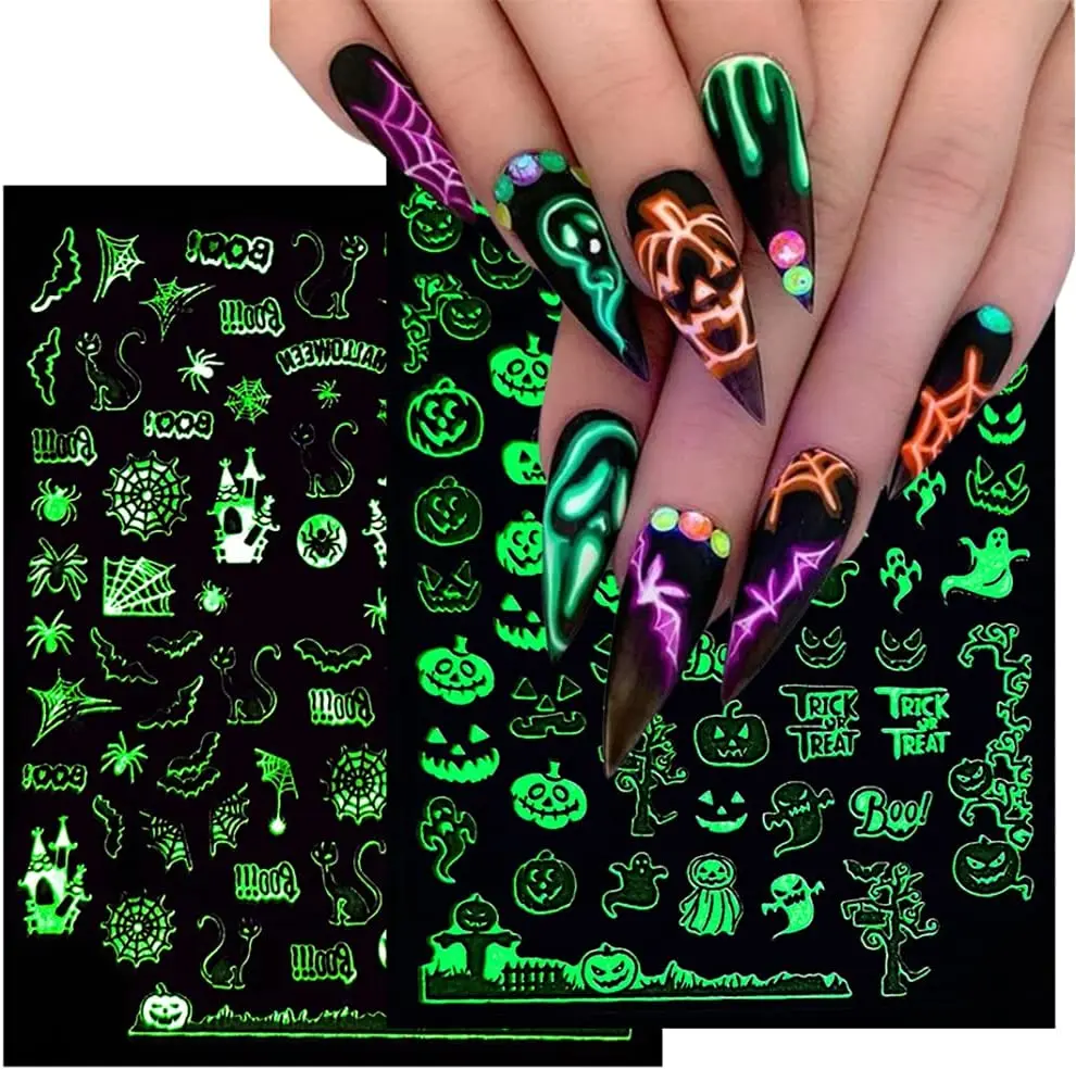 1pcs Halloween Luminous Nail Art Sticker Skull Monster Nail Decals ...