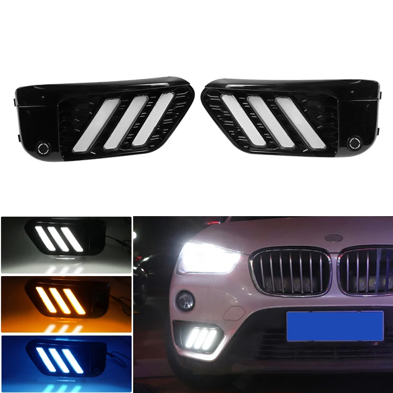

Динамические дневные ходовые огни s для BMW X1 F48 F49 2016-2019 12 В, функция белого светодиода, дневные ходовые огни, янтарный динамический поворотный свет, синий ночник