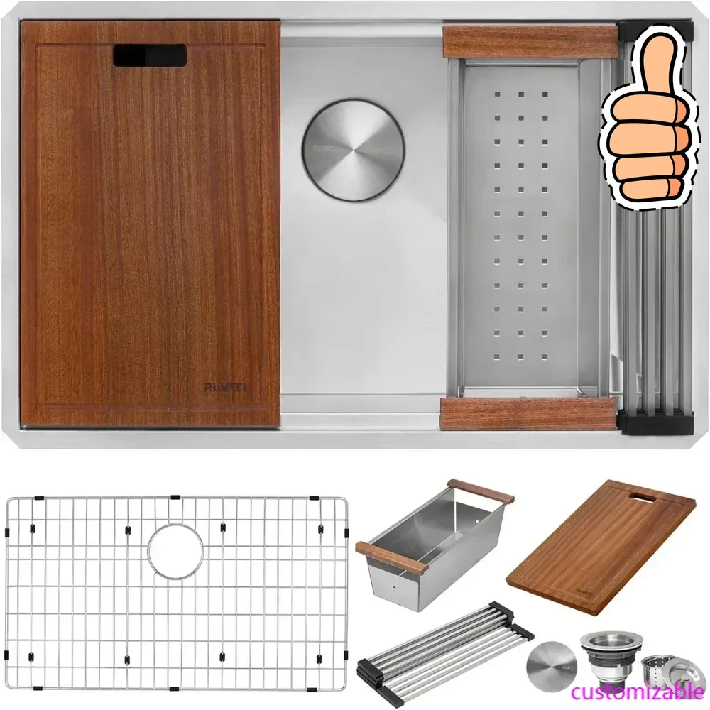 NEW-28-inch Workstation kitchen Sink - 16 Gauge Stainless Steel Kitchen Sink with Accessories Single Bowl with Brushed Finish hi