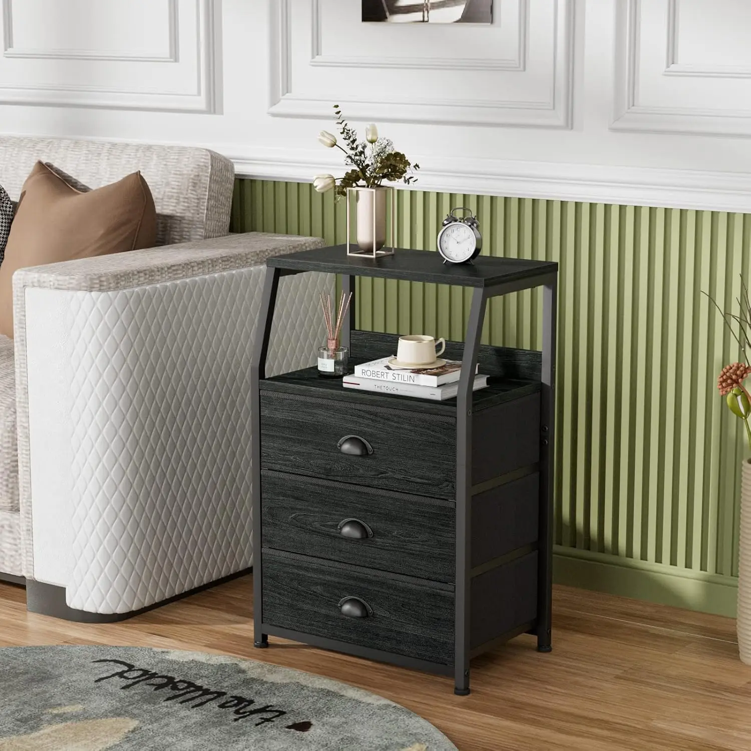 Kommode mit 3 Schubladen, Nachttisch, Beistelltisch, Nachttisch mit 2-stufigem Regal und Stoffkommode, Aufbewahrungsschrank für Schlafzimmer – Detail 1