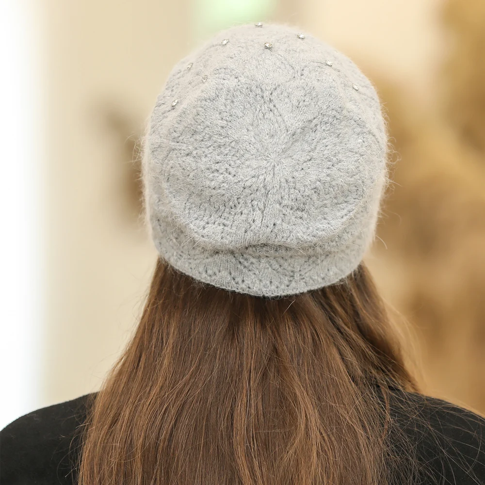 Women Winter Hat Streetwear Rabbit Fur Blend Warm Cap Decorate Beanie Hat For Female Casual Knitted Dot Decoration Hat
