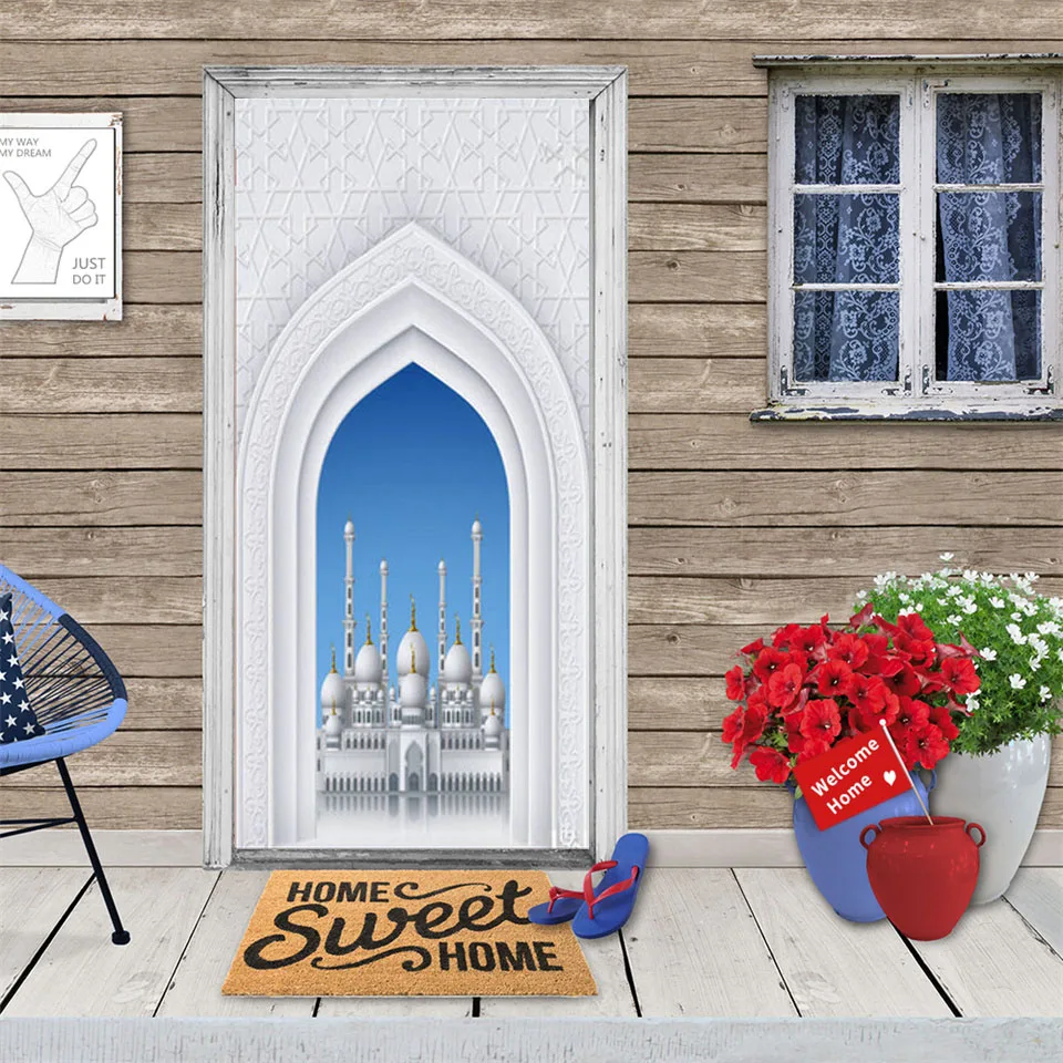 Adesivo Murale 3D Effetto Porta In Legno – Stile Islamico – 77x200 Cm – Carta Da Parati Fai Da Te
