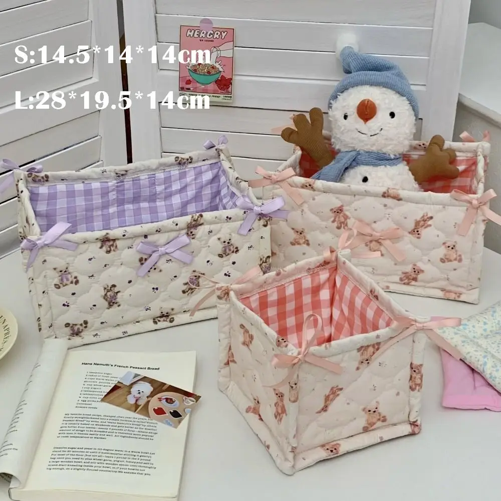 New Quilting Cotton Storage Box Bear Pattern High-capacity Desktop Storage Basket Cartoon Square Organizer Box Home Decoration