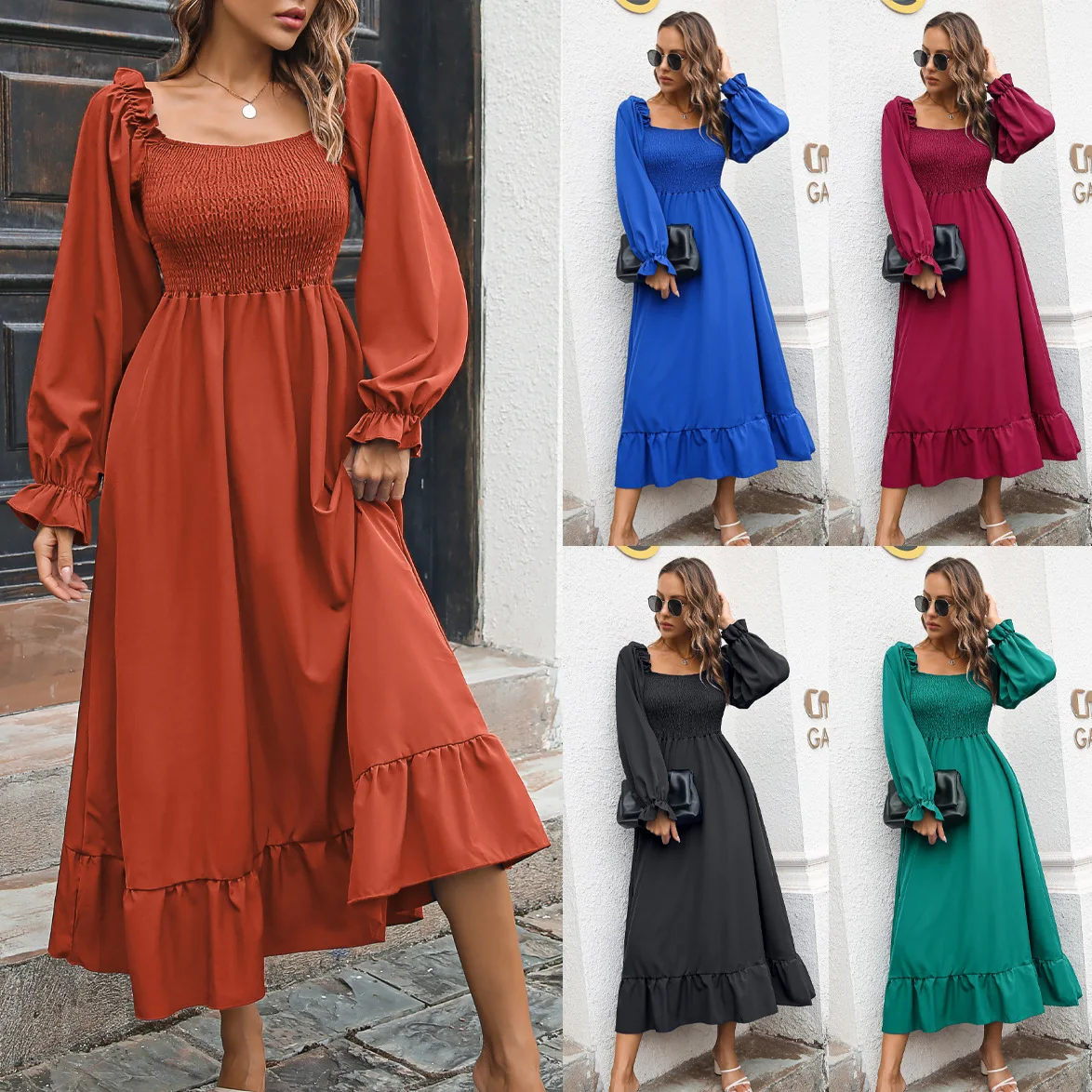 

Women's evening dress 2022 autumn and winter casual ruffled square collar large swing dress European and American long skirt