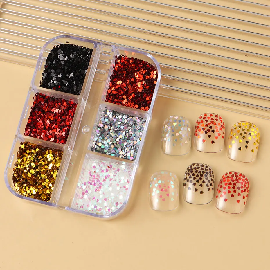 6 Grids Y2K Cute Heart Glitter Nail Sequins Kawaii Mini Golden Laser Silvery Love Nail Flake Korean Star DIY Charm Supplies