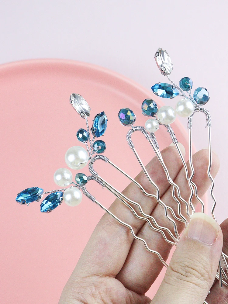 5PCS Light Blue Hair Pins for Women Rhinestone Head Jewelry Handmade Pearls Wedding Hair Accessories Party Bride Clips