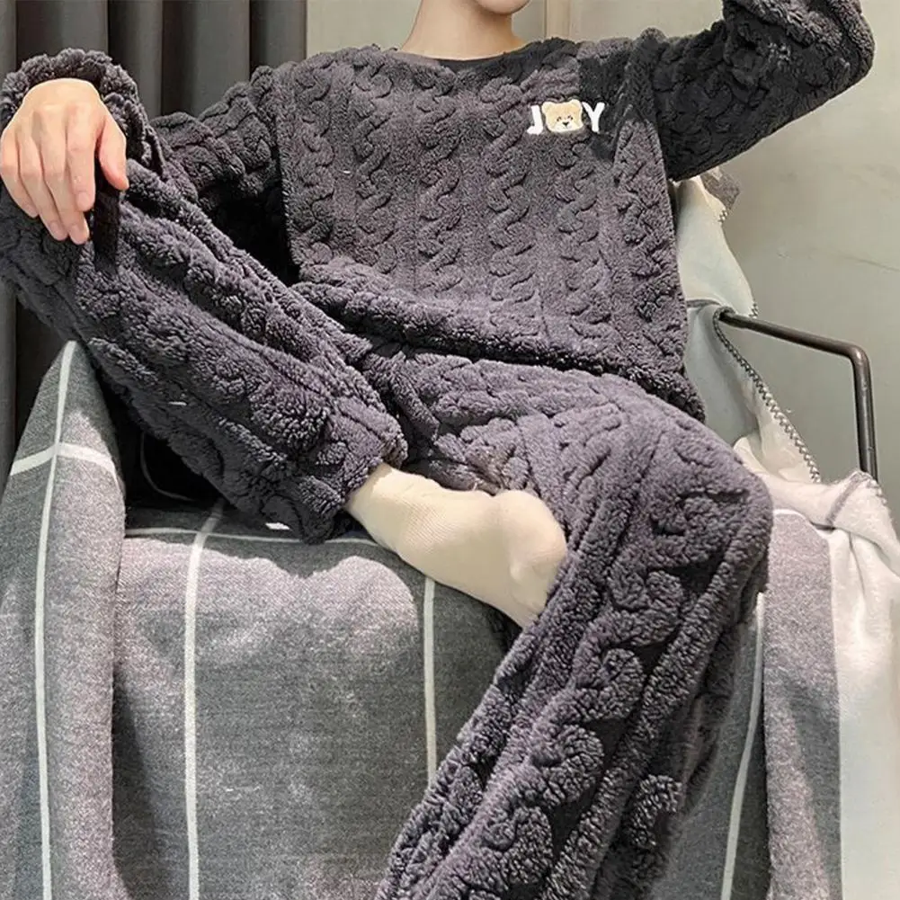 2Pcs/Set Men Winter Coral Pajama Set Round Neck Long Sleeve Thick Twisted Texture Loose Elastic Waist Warm Homewear Top Pant Set