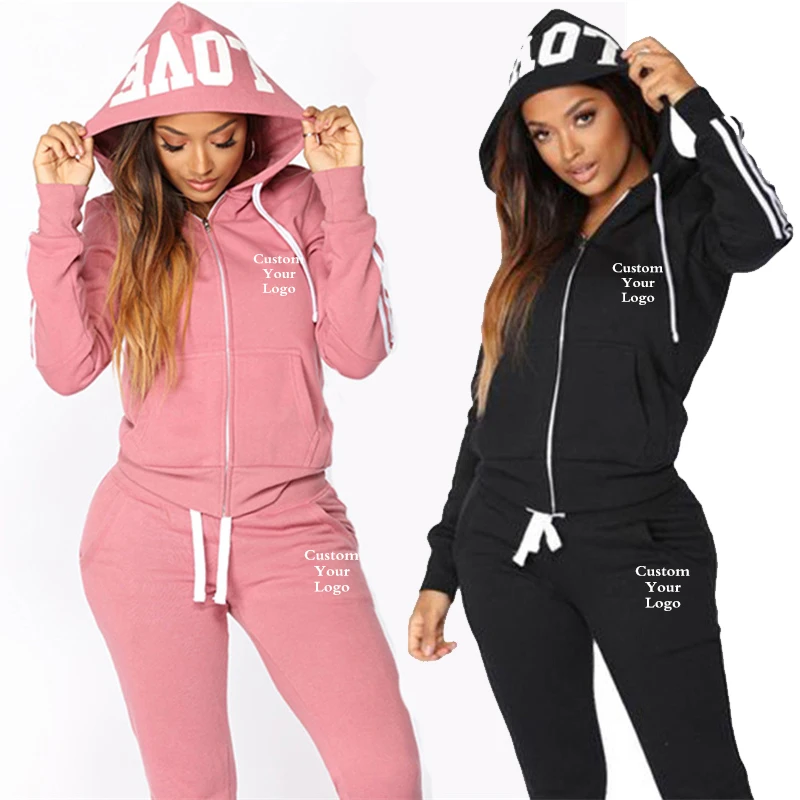 Custom Logo Women Sports Wear Jogging Suits Fashion Ladies Hooded Tracksuit Set Clothes Hoodies+Sweatpants 2Pcs Sets