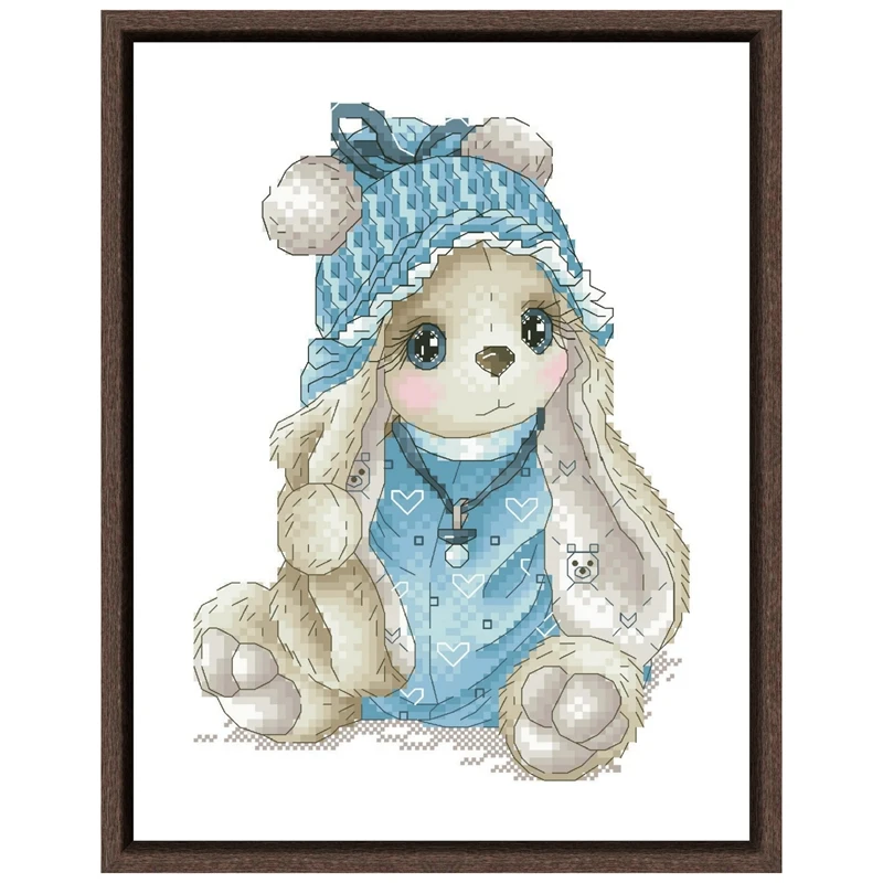 Whimsical Bunny and Poppies Cross Stitch Kit for Beginners - Cartoon Pattern with White Cotton Fabric and Thread