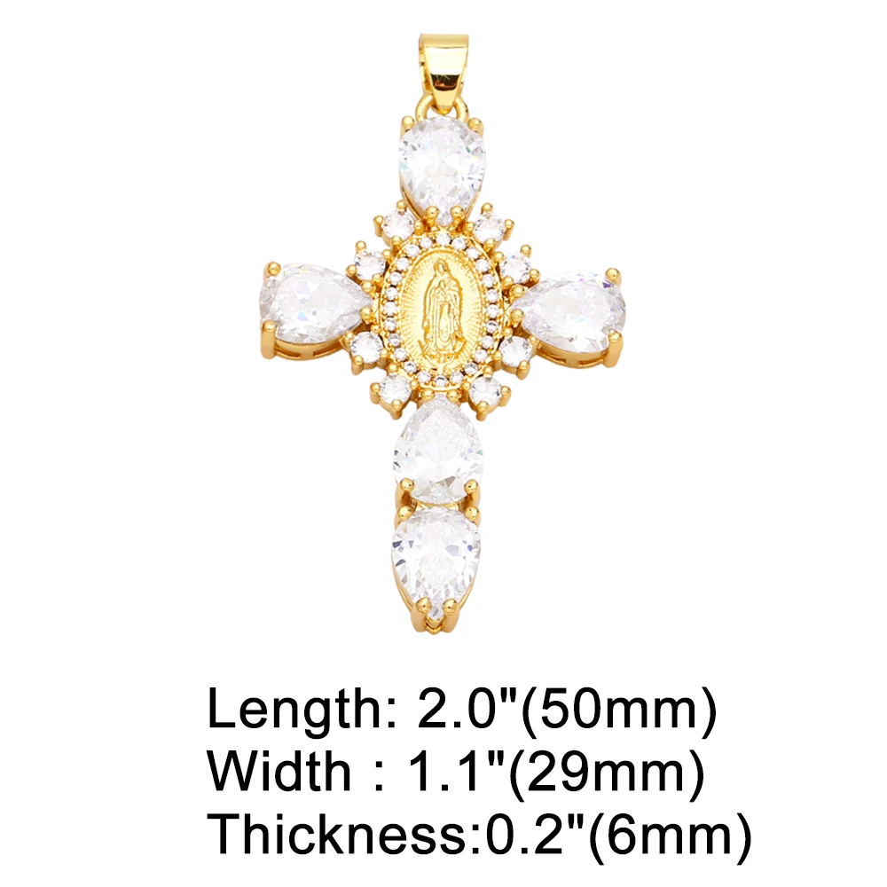 OCESRIO Large Multicolor Crystal Cross Pendant for Necklace Copper Gold Plated Virgin Mary Jewelry Making Component pdtb070