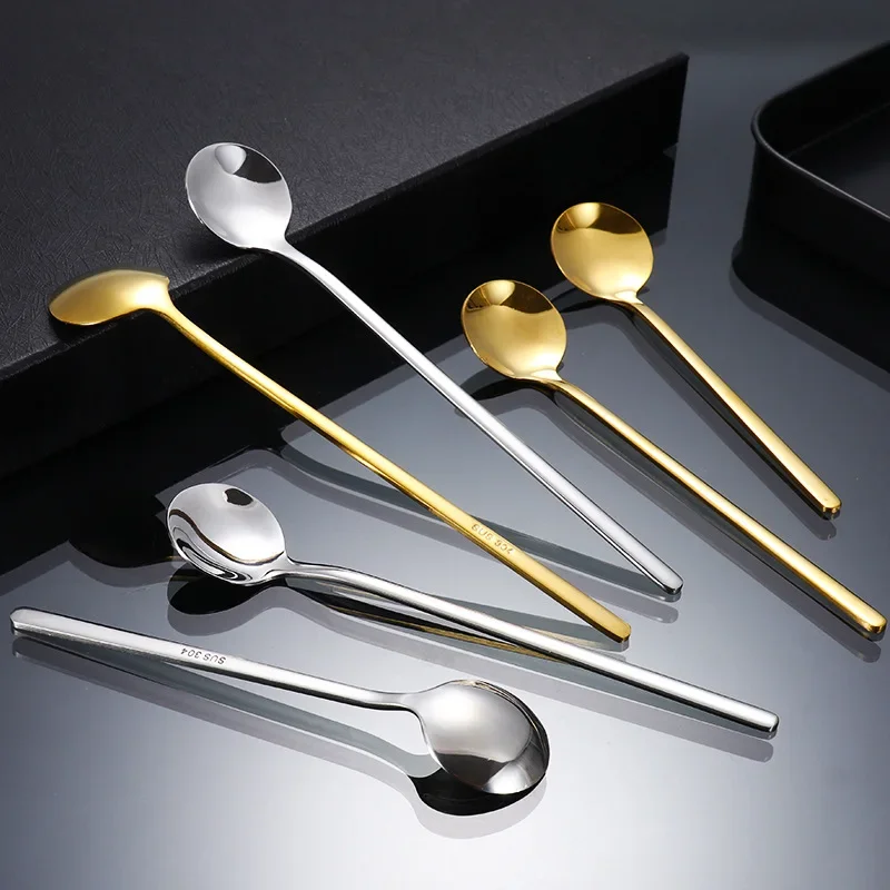 3PCS Kitchen,Dining & Bar Gold-Plated Korean-Style Long-Handled Spoon 304 Stainless Steel Luxury Cutlery Set Dinnerware Gift