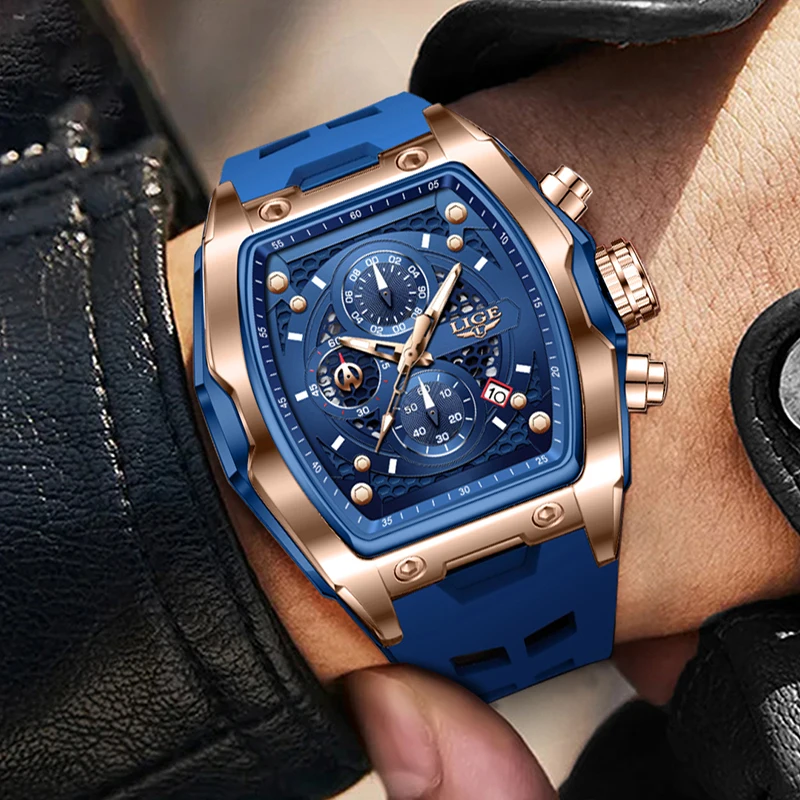 LIGE Quartz Watches For Men Fashion Military Sports Waterproof Watch Men Top Brand Luxury Original Silicone Square Chronograph