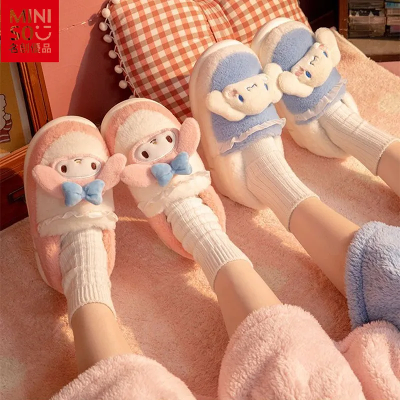 

Miniso Sanrio Kuromi Melody Thick Sole Cotton Slippers Indoor Home Cute Warm Winter Thickened Cartoon Furry Slippers Girl Gifts