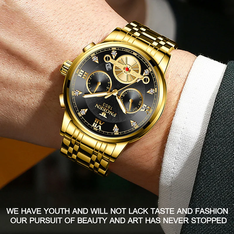 FNGEEN Men’s Watches Top Luxury Brand Fashion Quartz Men Watch Waterproof Gold Steel Business Wristwatch Reloj Hombre 4567 6