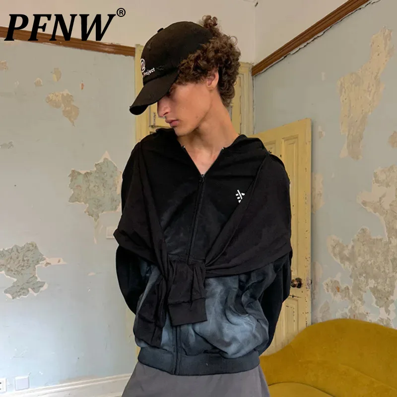 

PFNW Men's Punk Tide Sweatshirt Autumn New Tide Vintage Gradient Spray Painted Double Panel Hooded Sweater Chic Hoodies 12Z5055