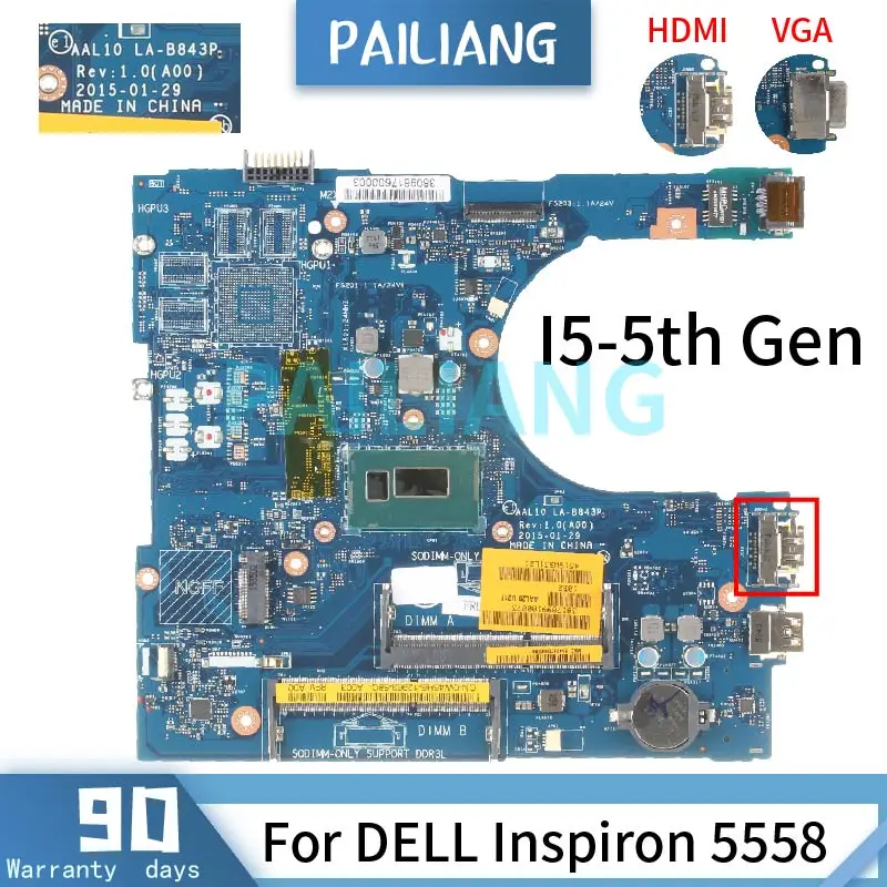 Placa-mãe Laptop Dell Inspiron 5558 5458 5758 La843p 07cv2g 0m94d0 0hd0r2 05k7k8 3805u i3 i5 i7 Vga