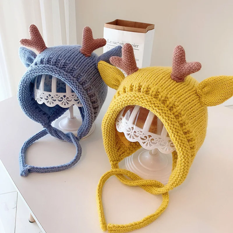 Nette Geweih Baby Gestrickte Woolen Hut Winter Warme Säuglings Ohr Schutz Kappe Cartoon Kleinkind Beanie 5-24M Kinder krawatte Kopfbedeckung Motorhaube – Detail 3