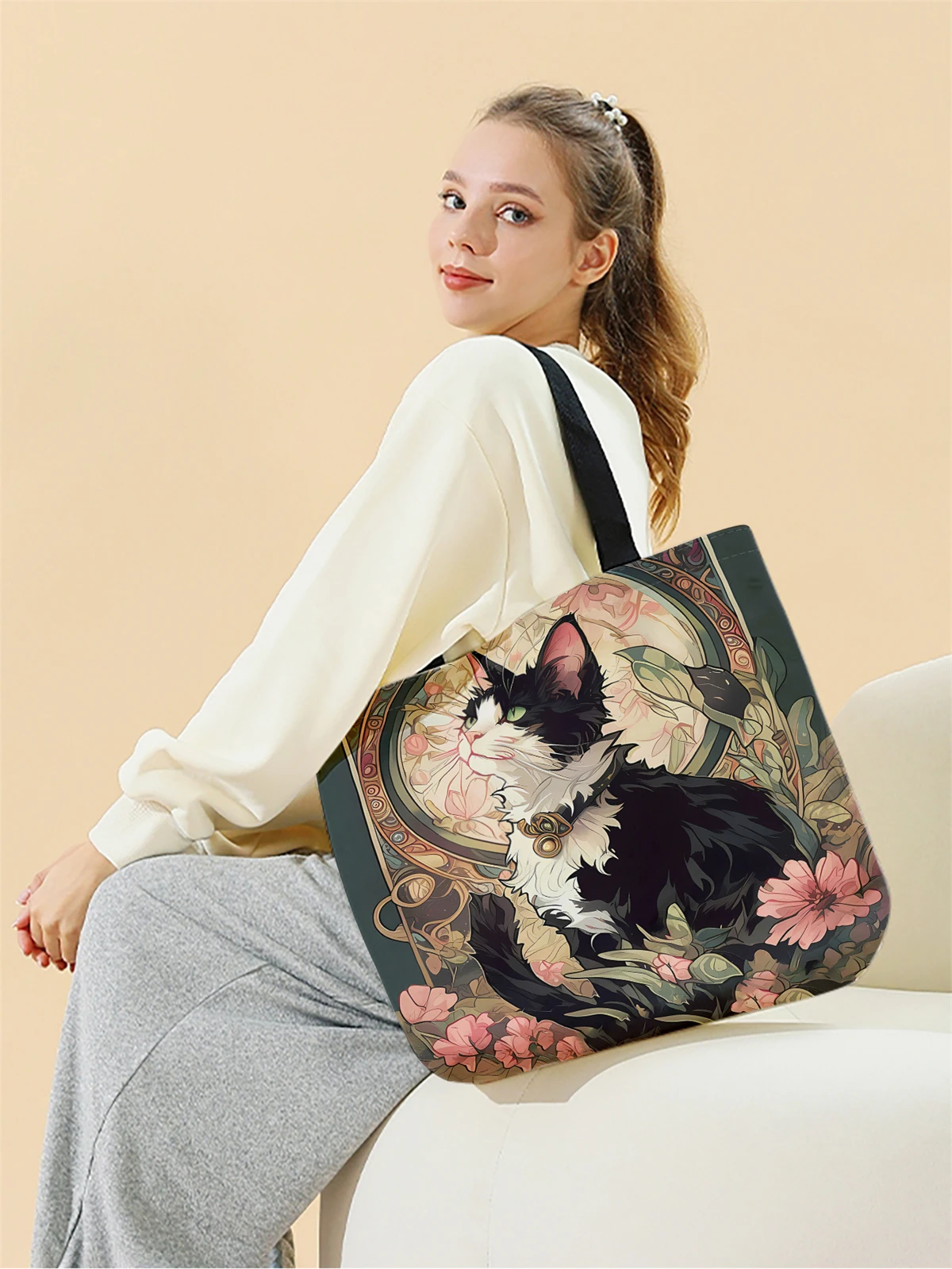 1pc,flower cat handbag, reusable fashion handbag, multi-functional handbag, printed canvas shopping bag