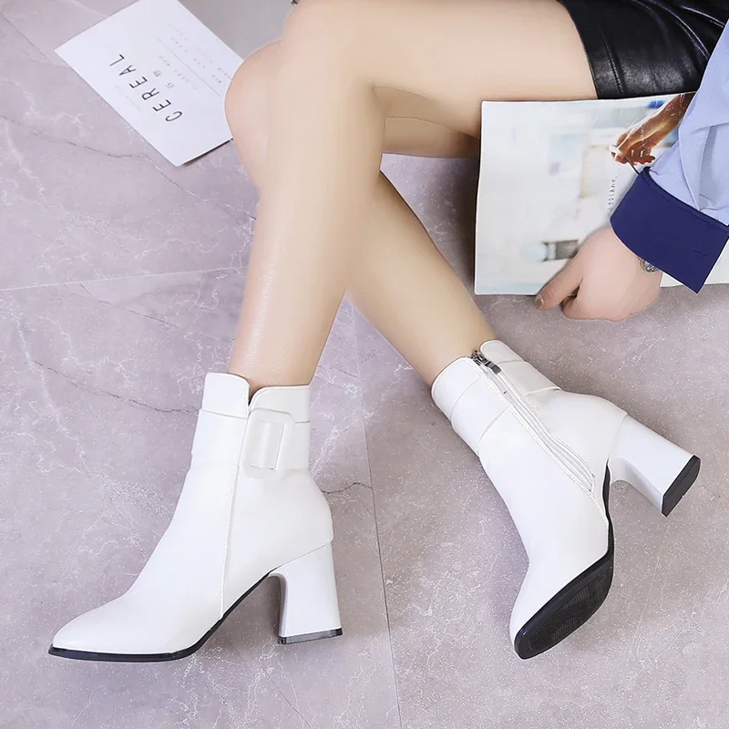 White Black Thick High Heel Ankle Boots Women 2023 Pointed Toe Keep Warm Elegant Short Booties Ladies Ankle Buckle Decoration