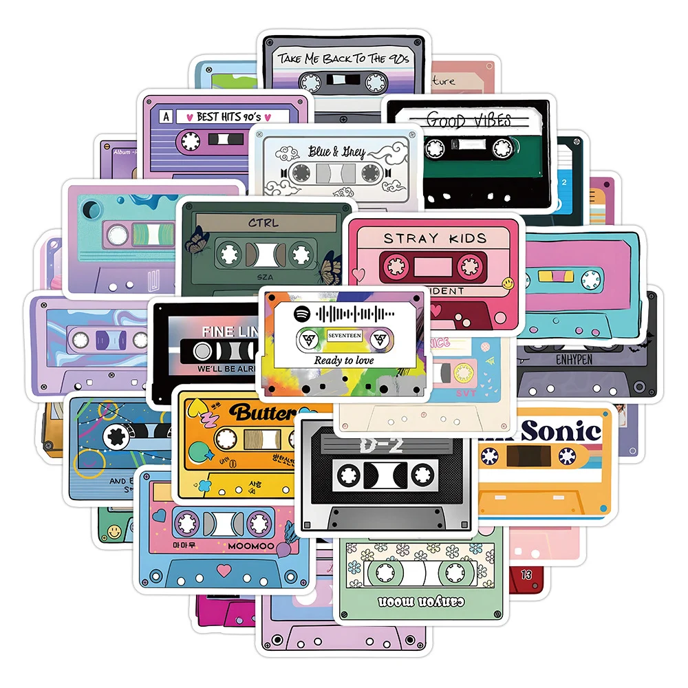 10/30/50pcs Colorful Music Tape Cool Graffiti Stickers Aesthetic Decal Waterproof DIY Stationery Guitar Laptop Cute Sticker Pack cassette player usb cassette to mp3 converter capture audio music player convert music on tape to computer laptop mac os crez218