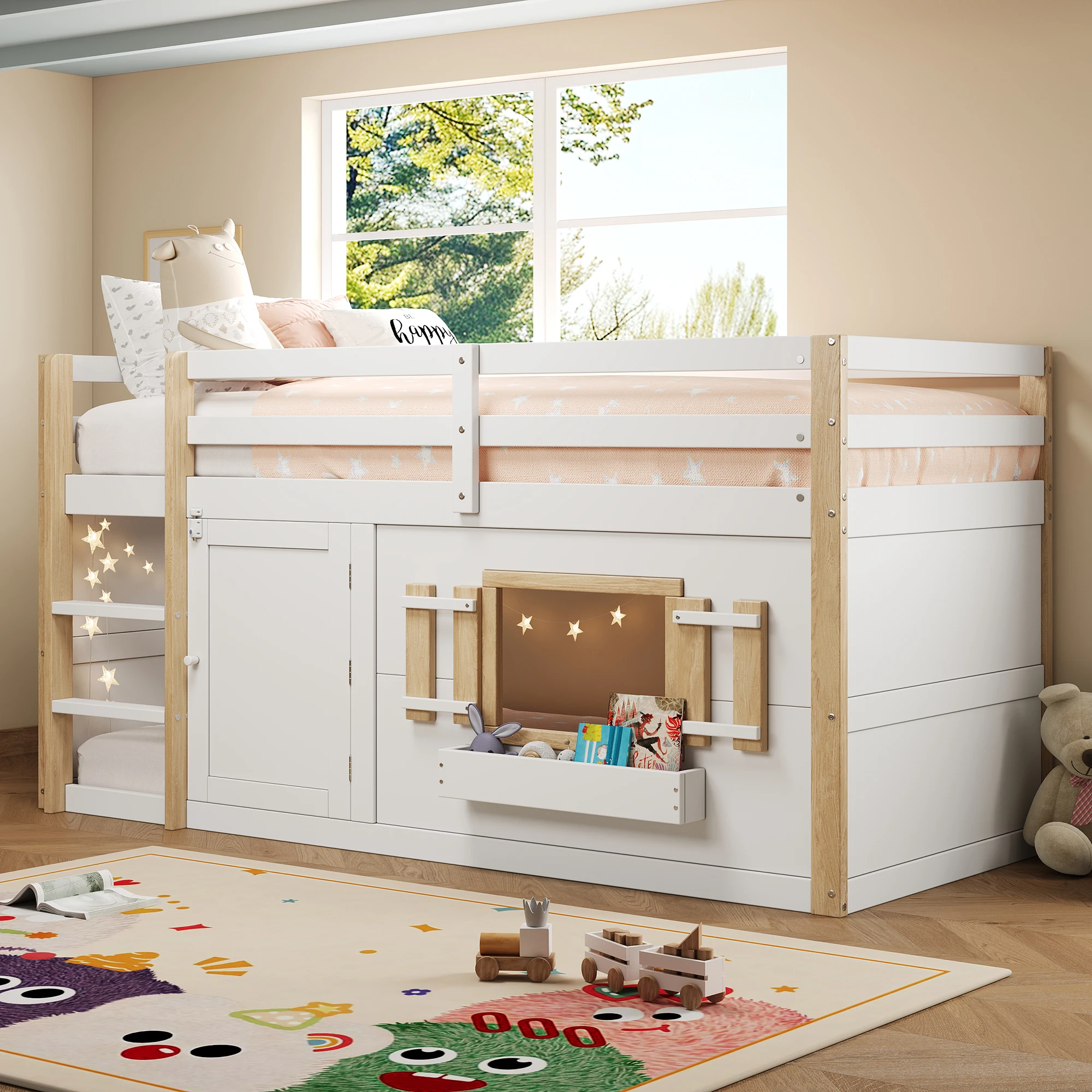 KOMHTOM Weißes multifunktionales Kinder Etagenbett Hochbett 90x200cm mit Leiter und unterbaubarer Spielfläche ohne Matratze – Detail 1