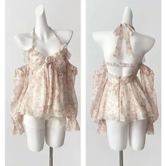 2025 Summer French Style Floral Blouse Woman Chiffon Casual Sexy Tops Sweet Korean Fashion Ruffled Tops Spicy Girls Cyaru 1