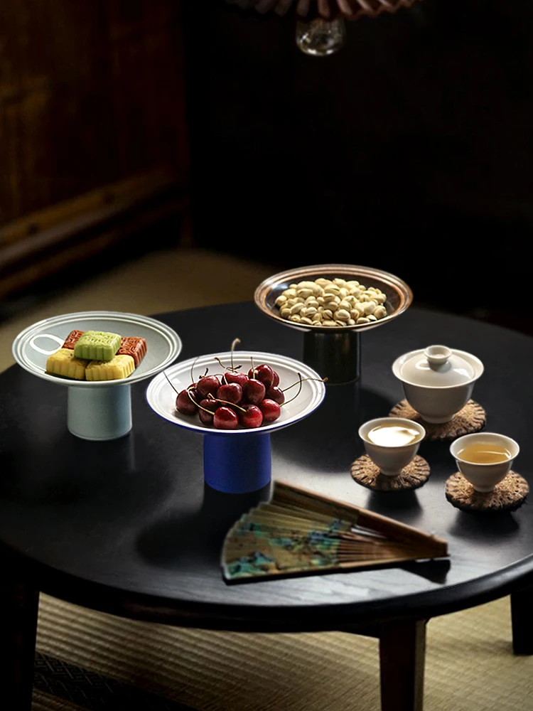 

Handmade ceramic tall fruit plate, refreshment tray, tray, vintage tableware, dessert snacks, pastry plate, household use