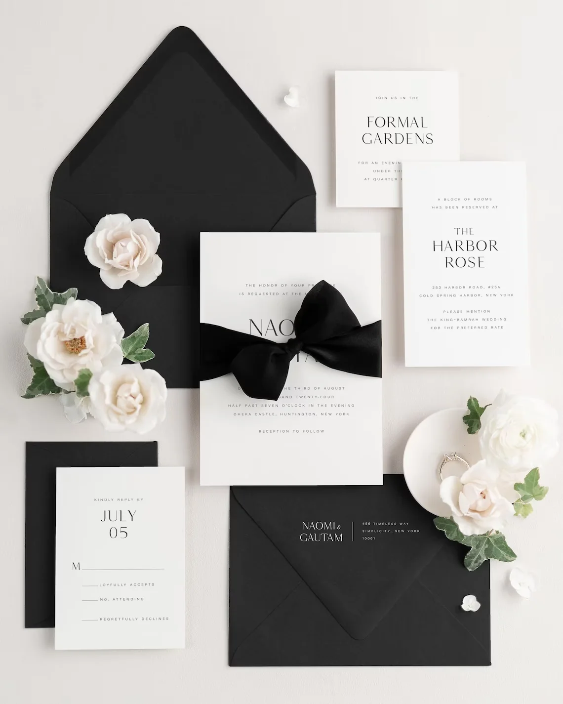 Invitaciones de boda en blanco y negro | Fuente de bloque moderno | Cinta,  lazo | Invitación de boda negra | Sobres negros | Corbata Negra - AliExpress, image size:1140x1425