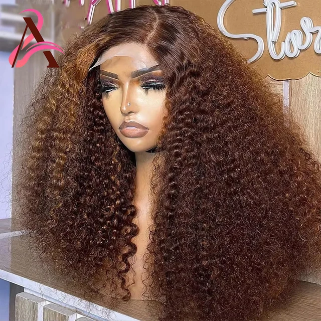Perruque Lace Frontale HD Deep Wave en Cheveux Humains Chocolat Marron, Perruques Brésiliennes Remy en Cheveux Humains 13x4, Perruques Colorées Kinky Curly en Cheveux Humains 1