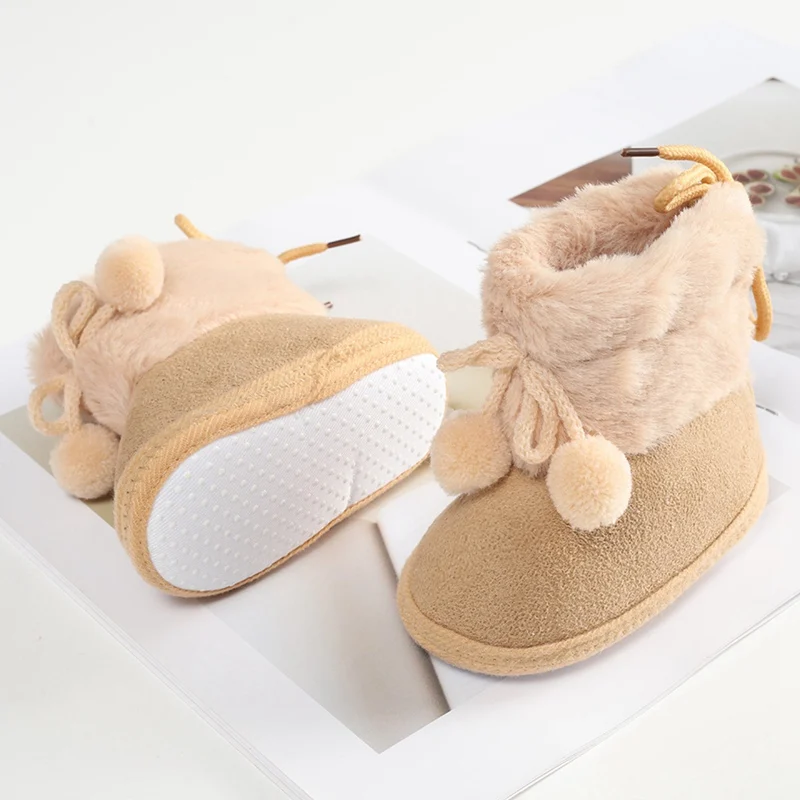 Soft Sole First Walkers Shoes for Baby Girls 0-18 Months  4-Colors Warm Fluff Balls Indoor Cottton Soft Rubber Sole Infant Baby 1