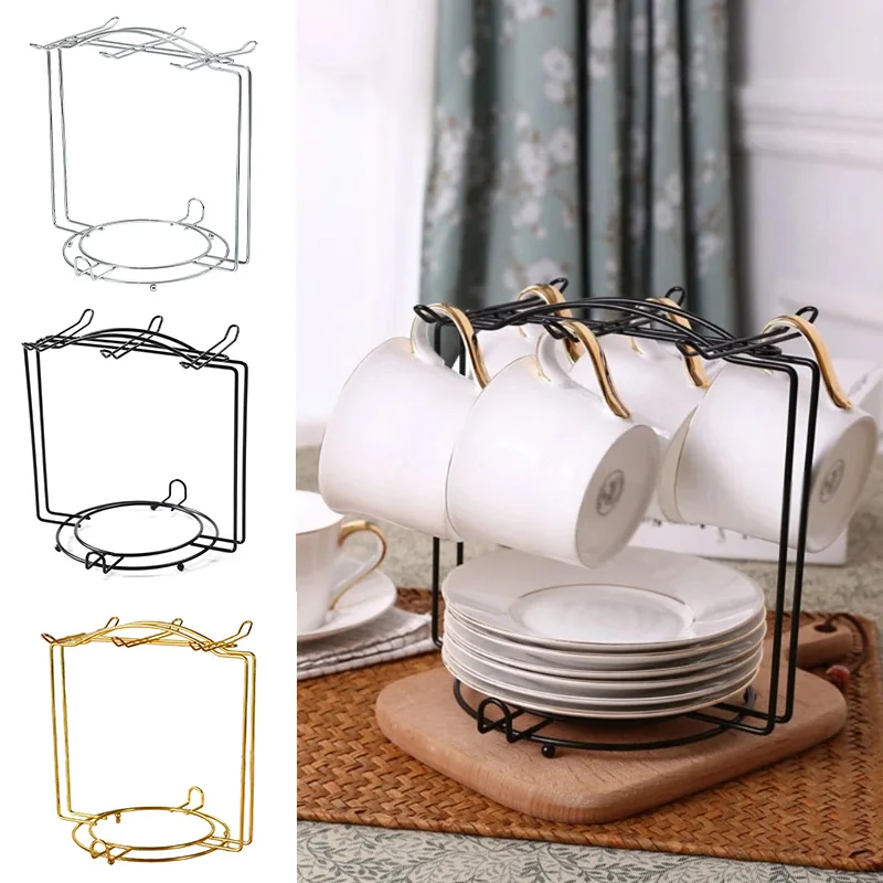 Cup Rack Stand Holder European Style Gold Iron Art Mug Saucer Ceramic Cup Standing Holder Household Counter Bar Kitchen Supply cup rack holder