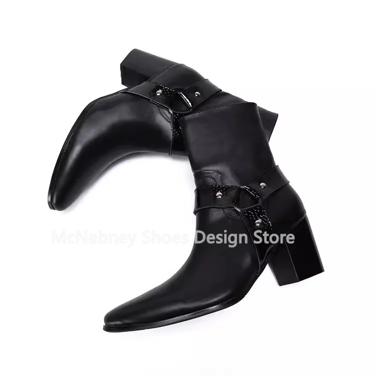 Punk Style Rivet Belt Buckle Decor Men's Mid-Calf Boots Fashion Pointed Toe Chunky Heel Zipper Male Chelsea Boots Dress Shoes
