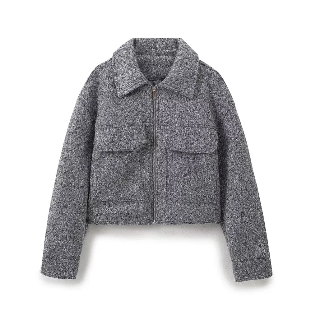 Women Fashion Beige Zipper Jackets Coat With Pockets Female Vintage Turn-Down Collar Long Sleeves Lady Chic Outwear Streetwear