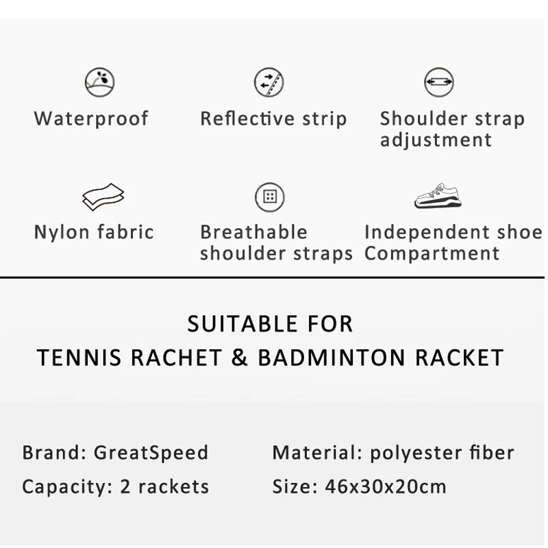 2022 GREATSPEED Tennis Bag Tennis Racket Bag Badminton Bag Outdoor Sports Bags Men Women Bags Adult Kids Youth Racquet Package