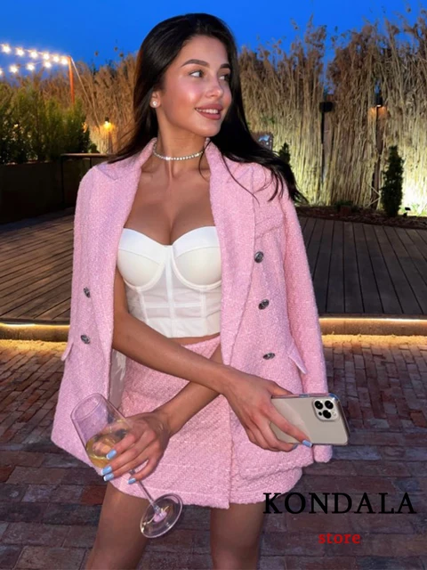 KONDALA Chic Pink Blazer Office Lady Fashion 2022 Plaid Oversized Long Jackets Women Long Sleeve Double Button Pockets Tops 1