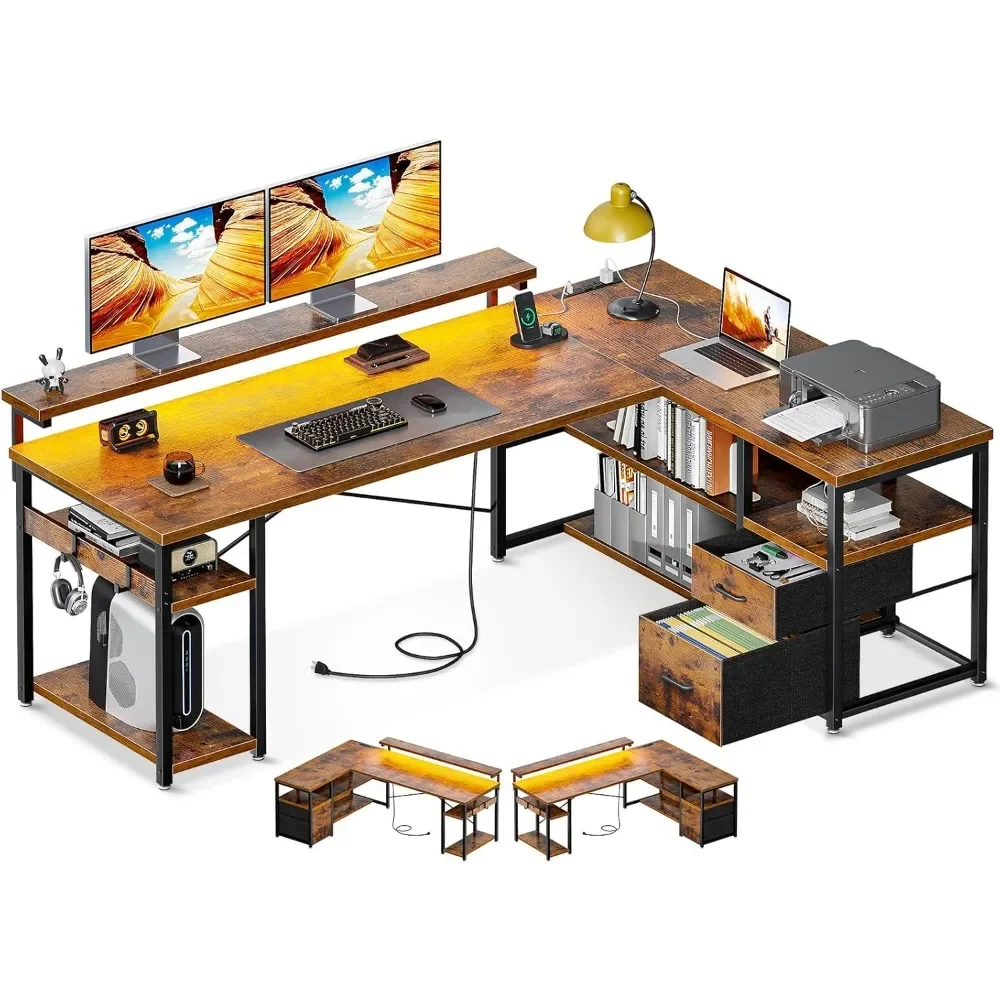 L Shaped Gaming Desk with File Drawers, Reversible Computer Desk with Power Outlets & LED Lights, Home Office Desk 1