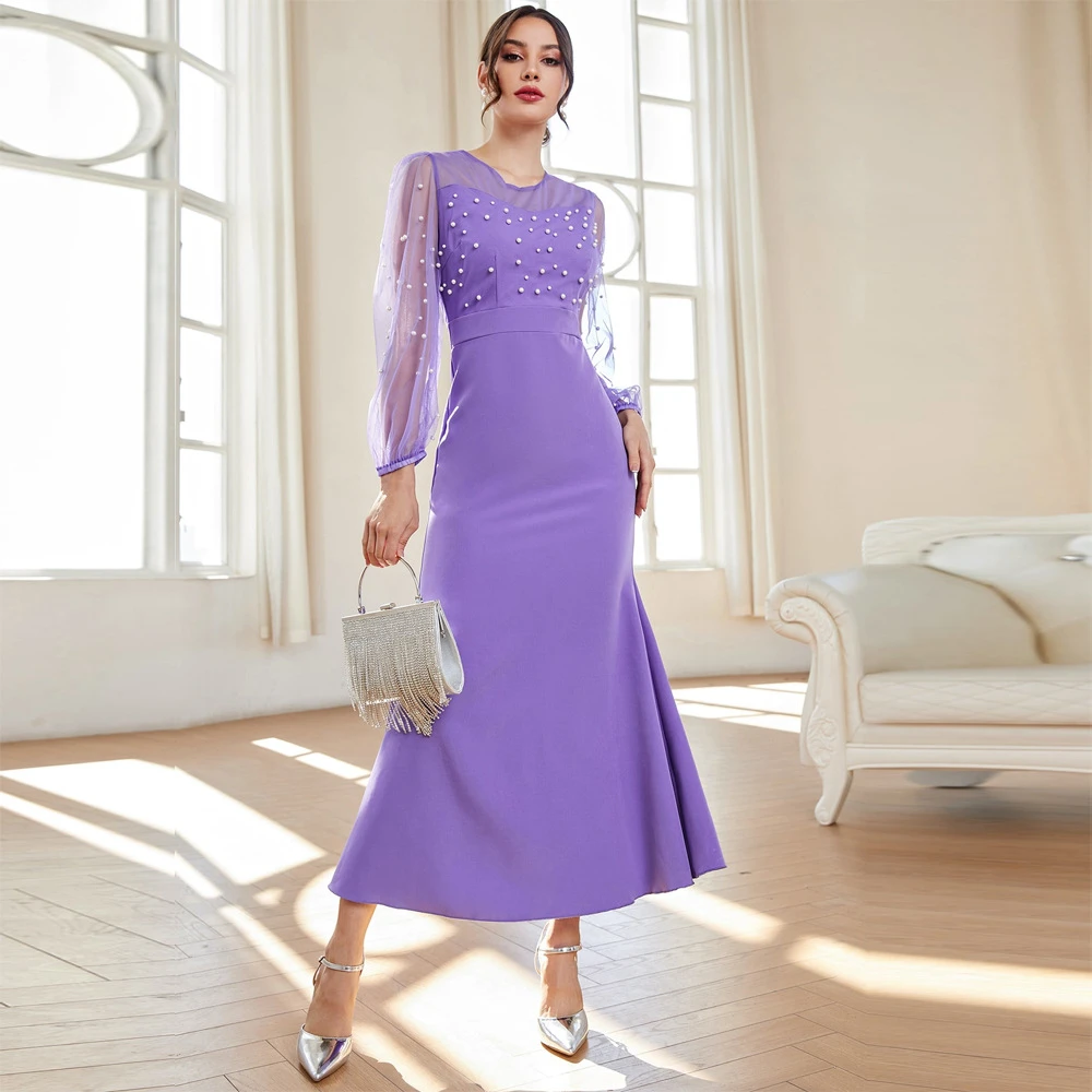 

Purple Kaftan Women Beaded Mesh Sleeve Long Maxi Dress Elegant Dubai Abaya Turkey Kaftan Islamic Clothing Evening Party Gown New