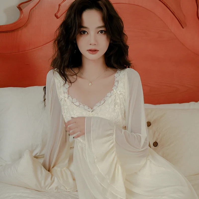 SXTHAENOO Fashion Elegant New Apricot Pajamas Nightdress French Spring Autumn Long Mesh Sleepwear NightgownNight Wears For Women