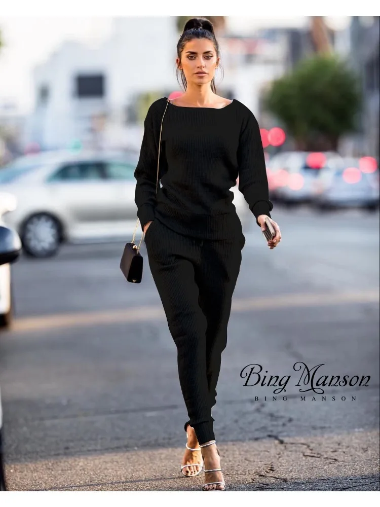 

Autumn Women's Fashion Solid Color O-Neck Long Sleeve Knitted High Quality Two Piece Youth Leisure Slim Fit Women's Sports Set