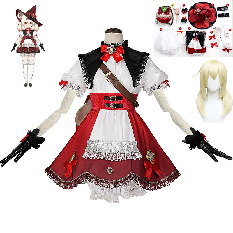 

Genshin Impact Klee Little Witch Cosplay Costume Wig New Skin Red Cute Lolita Dress Hat Bag Kawaii Halloween Role Play Outfits