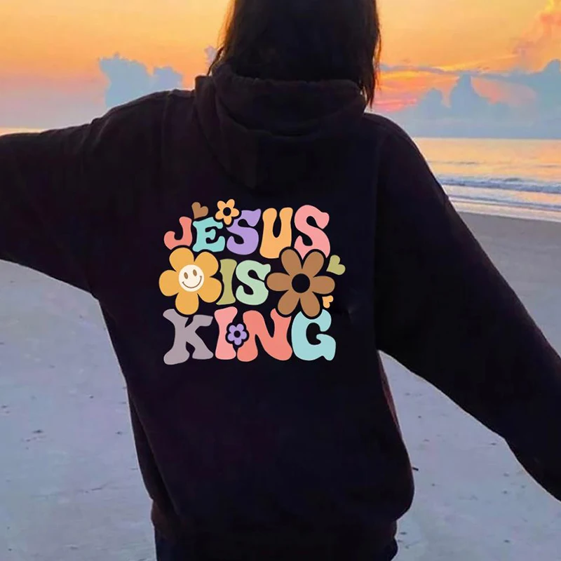 

Colorful Jesus Is King Women Hoody Sweatshirt Christian Trendy Aesthetic Tumblr Pocket Hoodie Fashion Casual Jumper