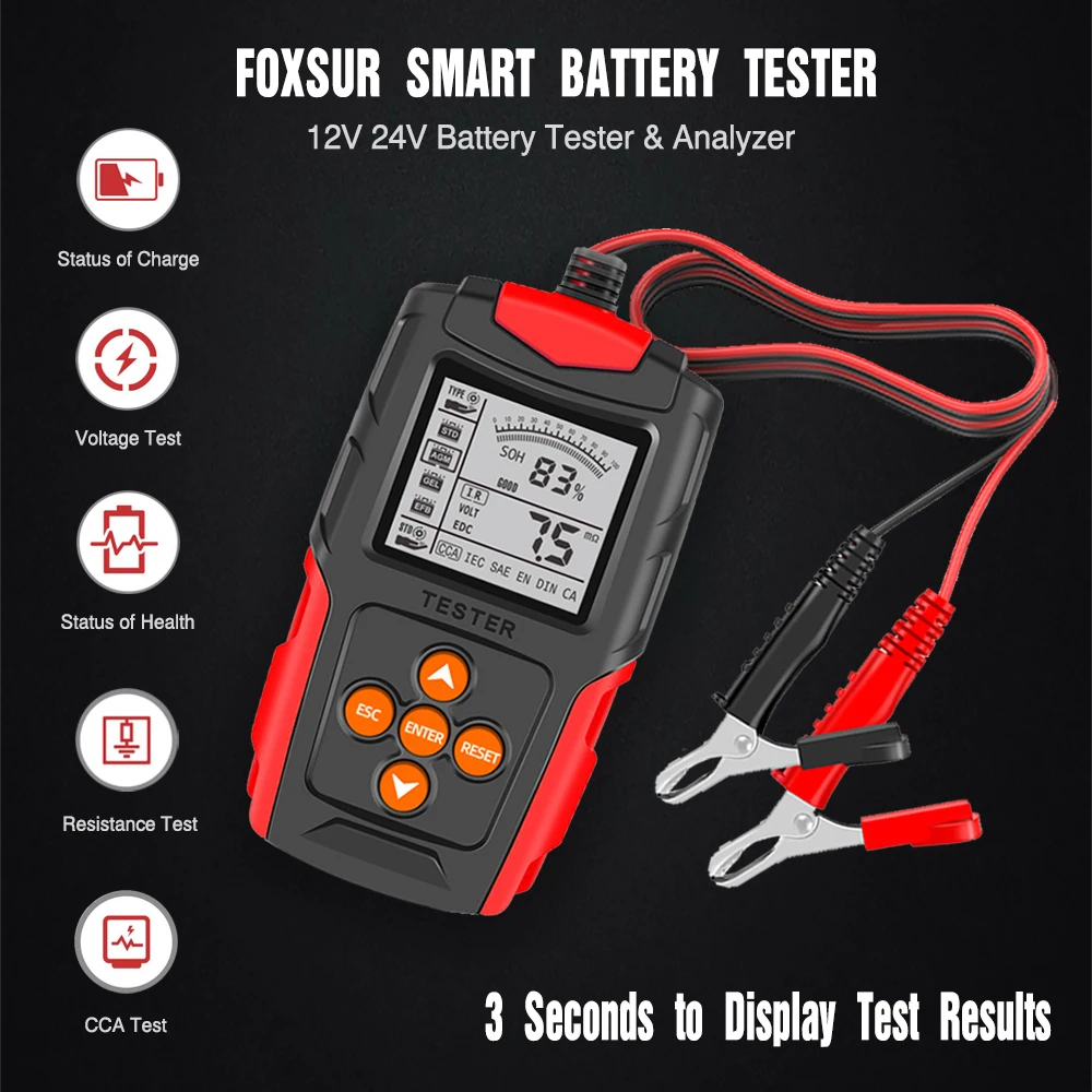 

FOXSUR Digital Automotive Diagnostic Health Analyzer Auto Battery Analyzer 12V 24V Car Battery Tester Load Tester Analyzer