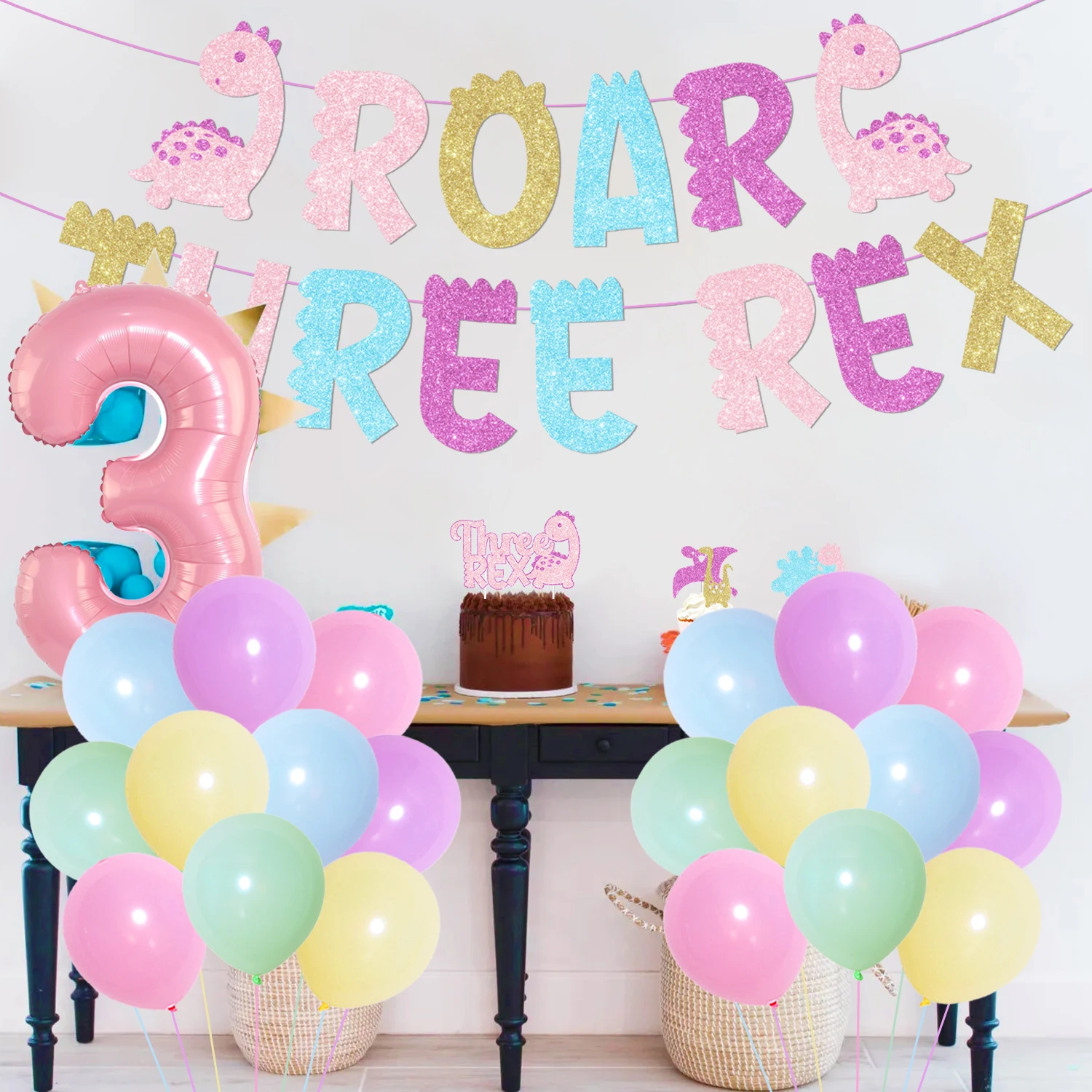 Pink Dinosaur 3rd Birthday Party Decorations with ROAR THREE REX