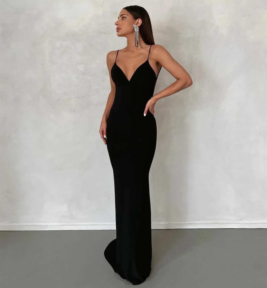 

Sexy Long Black Pleated Evening Dresses Mermaid Spaghetti V-Neck Backless Prom Gown Small Train Pageant Party Dress for Women