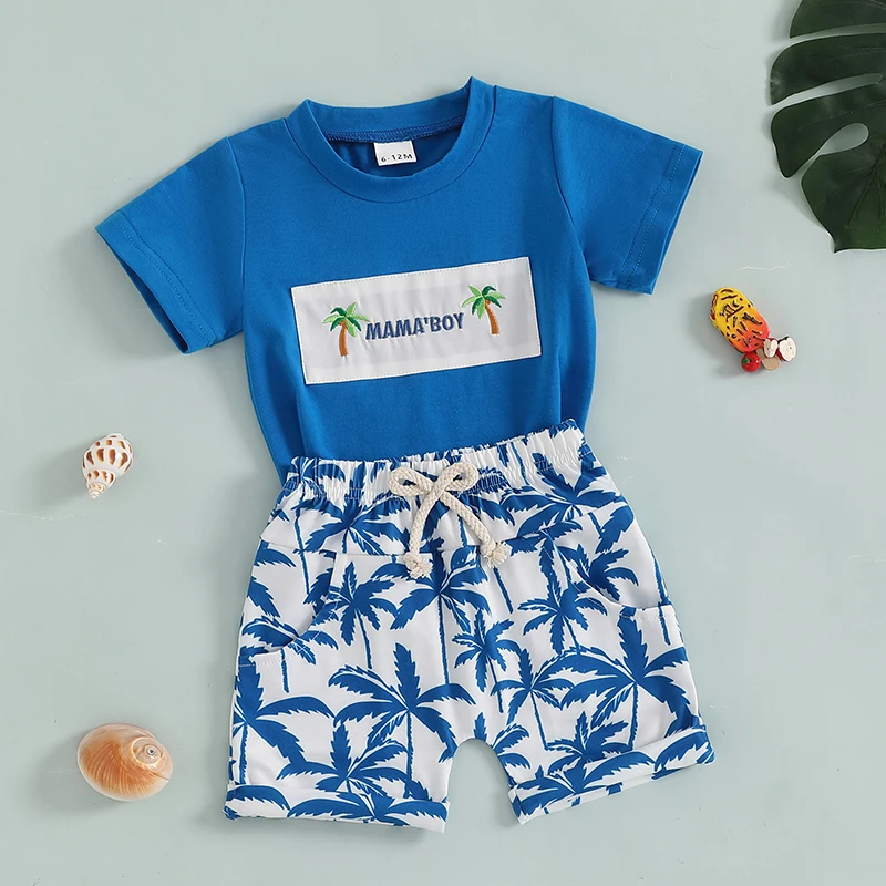 FOCUSNORM 0-4Y Summer Casual Kids Boys Clothes Set Short Sleeve Letter Embroidery T-shirt with Tree Print Shorts
