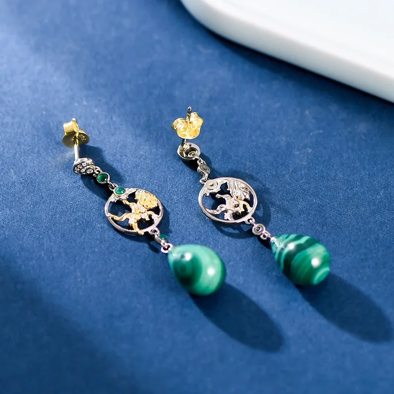 Chinese Style Vintage 925 Silver Hollow Flower Long Droplet Peacock Stone Earrings for Women Classic Quality Temperament Jewelry