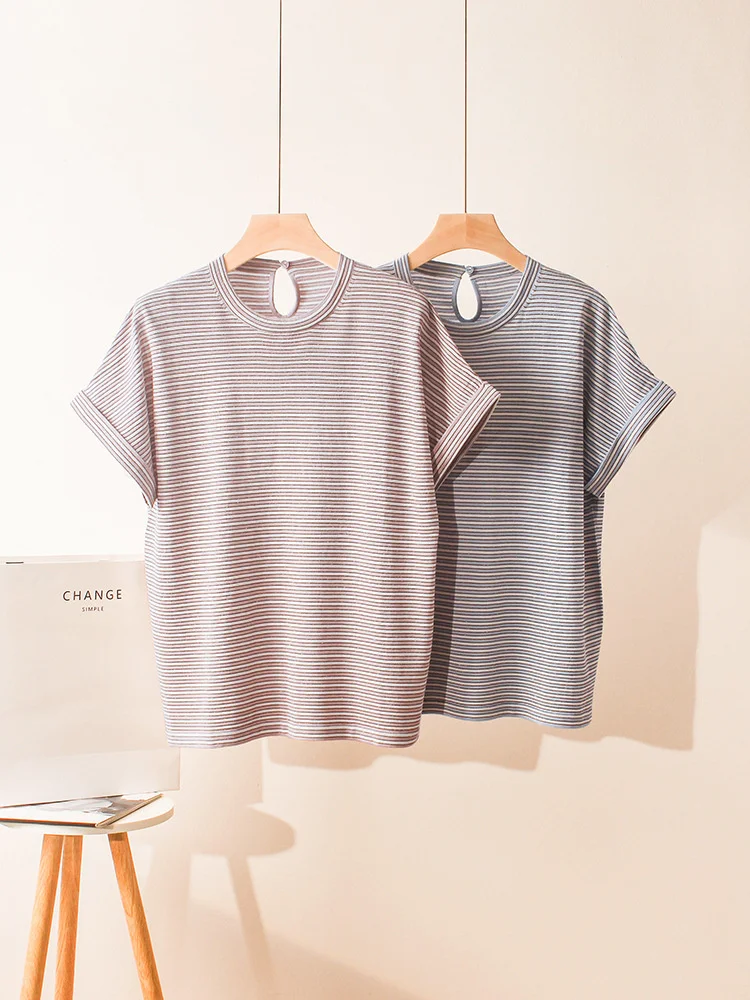 

Women Contrast Color Striped Sequin T-Shirt Spring Summer 2024 New Classic Ladies Loose Simple O-Neck Short Sleeve Tee Tops