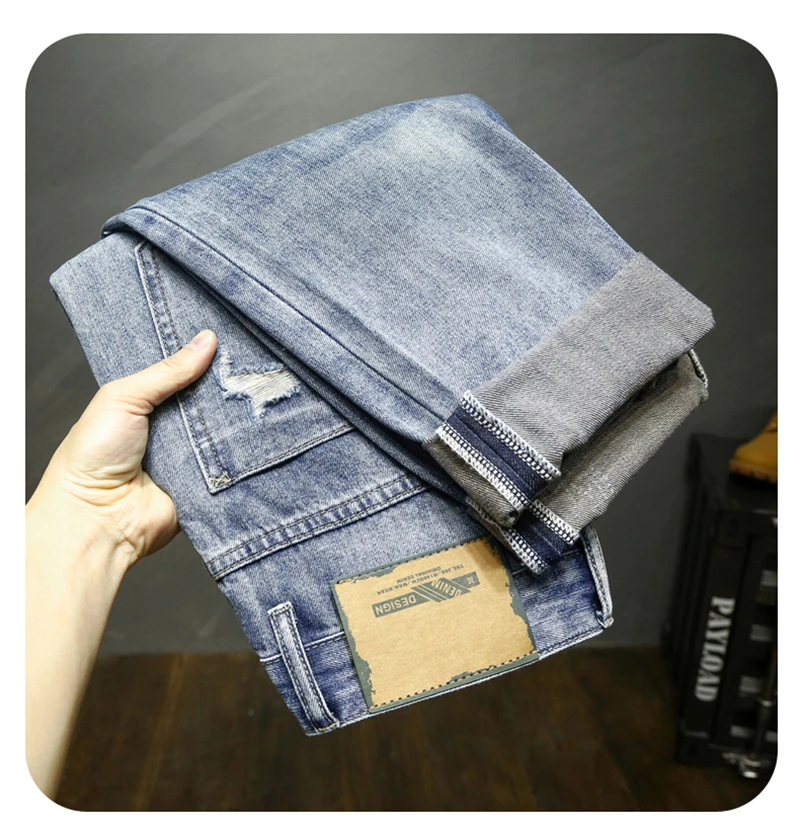 Description Picture 4 of itemRipped Jeans Men Light Blue Ankle Length Pants Harem Broken Distressed Baggy Pants Loose Fit Original Taper Jeans Mens Clothing