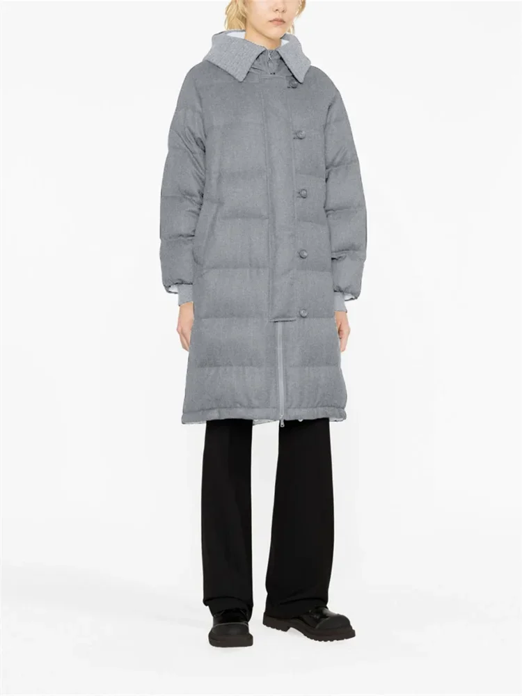 

Women Mid-length Jacket Hooded Beading Chain Zipper Casual Loose Winter New Knitted Spliced Down Coat