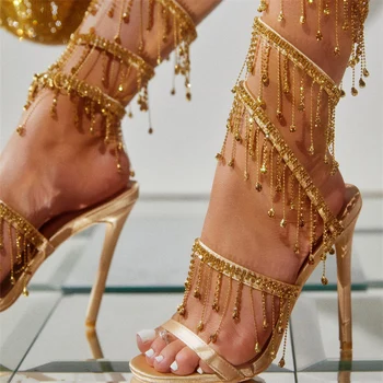 Liyke Elegant Women Wedding Banquet Shoes Fashion Crystal Tassel Twining Stiletto Sandals Sexy Open Toe Stripper Heels Golden 1